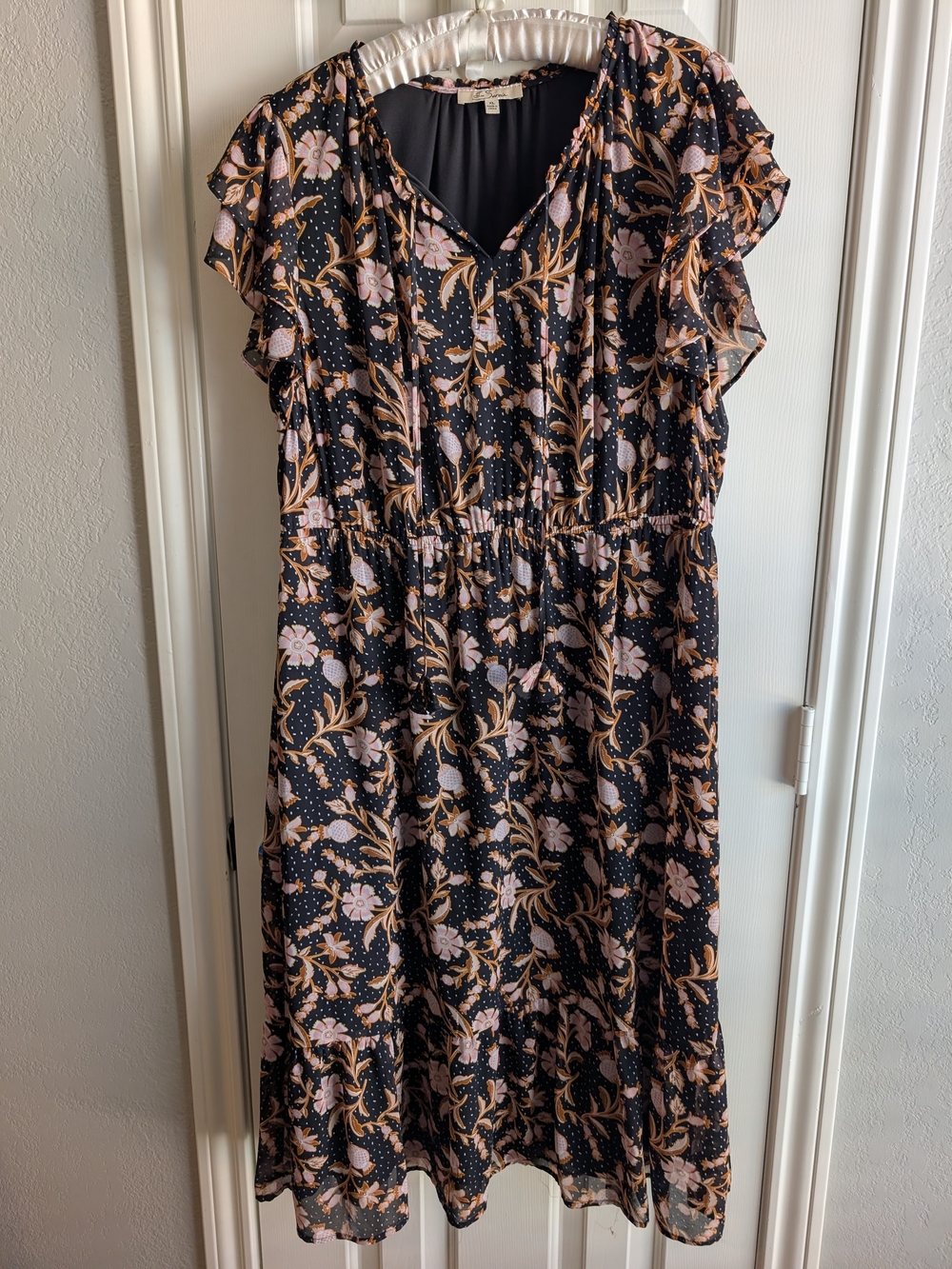 Black Floral V-Neck Midi Dress with Pink and Tan Floral Print
